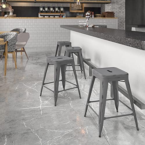 Flash Furniture Kai Commercial Grade 4 Pack 24" High Backless Distressed Silver Gray Metal Indoor-Outdoor Counter Height Stool