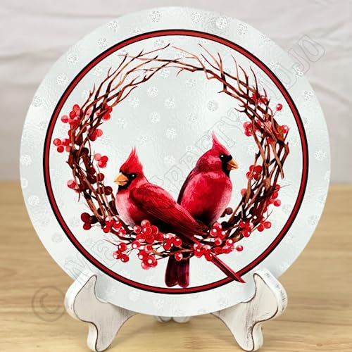 Cardinals and Berries Round Metal Christmas Sign - 4 Sizes Available 6 inch