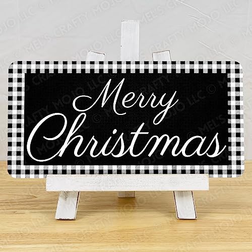Merry Christmas Black White Plaid Metal Sign - 12"W x 6"H
