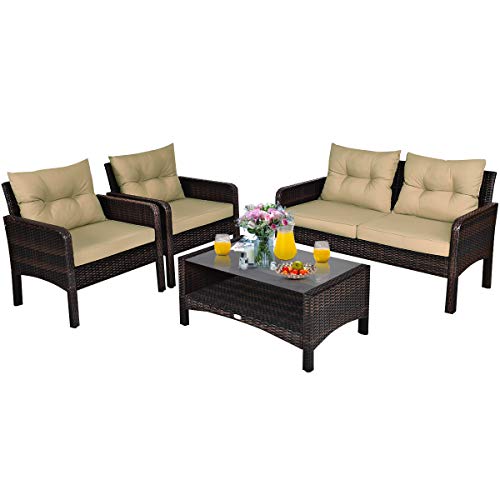 COSTWAY 4PCS Patio Rattan Furniture Set Loveseat Sofa Coffee Table Garden W/Cushion