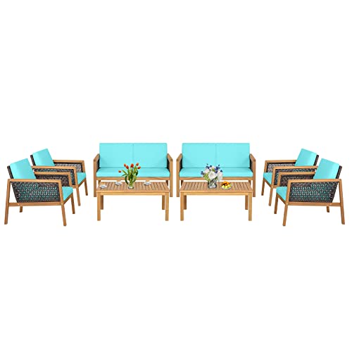 COSTWAY 8PCS Patio Rattan Furniture Set Acacia Wood Cushioned Sofa Turquoise