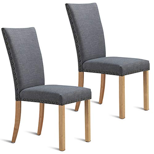 COSTWAY Dining Chairs Set of 2, Upholstered Fabric Armless Home Furniture Nail Head Sponge Cushion & Back, Rubber Wooden Legs Solid Frame, for Kitchen Living Room Coffee Shop Hotel Bar Work Office