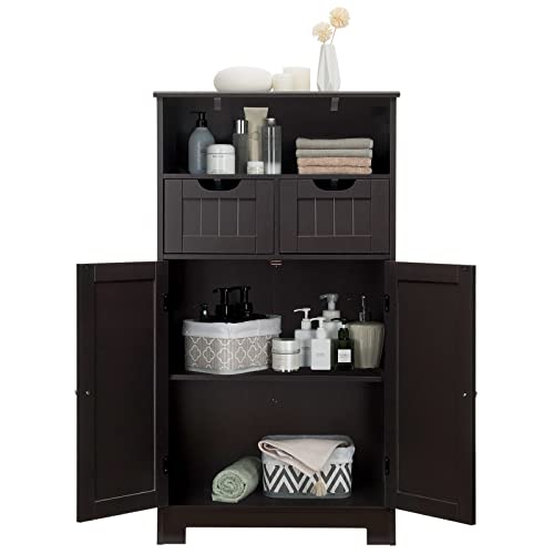 COSTWAY Bathroom Storage Cabinet, Freestanding Storage Organizer with 2 Drawers & Adjustable Shelf, Wooden Floor Cabinet for Living Room, Bedroom, Kitchen, Entryway (Brown)