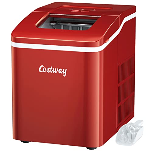 COSTWAY Countertop Ice Maker, 26Lbs/24H Portable Ice Machine with Self-Cleaning Function, Bullet Ice Cubes Ready in 8 Mins, Scoop and Removable Basket,Ice Maker for Home Party Bar, Red