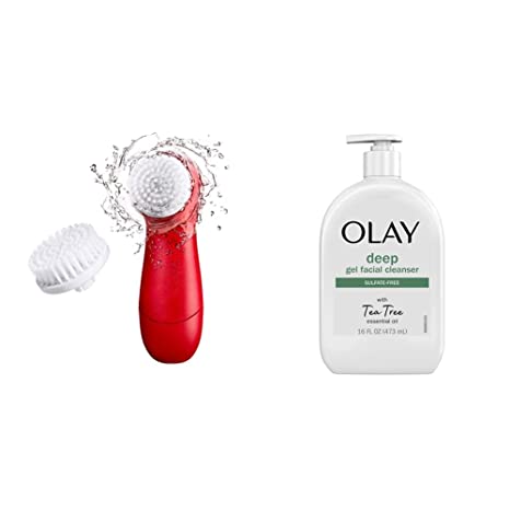 Olay Regenerist Face Brush with 2 Brush Heads and Deep Gel Facial Cleanser with Tea Tree Essential Oil (16 Oz)