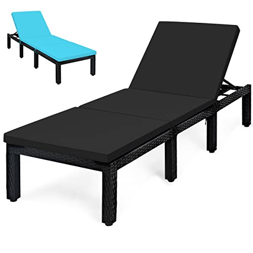 COSTWAY Patio Rattan Lounge Chair Chaise Recliner Adjust Cushion Black & Turquoise Cover