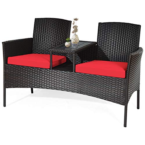 COSTWAY Patio Rattan Conversation Set Loveseat Sofa Cushioned Coffee Table Red