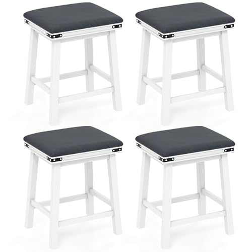 COSTWAY Upholstered Bar Stool, Backless Bar Chairs with PU Leather Padded Seat, Solid Wood Frame and Footrest, Counter Height Stools for Kitchen Island Home Bar (White, 24-inch & Set of 4)