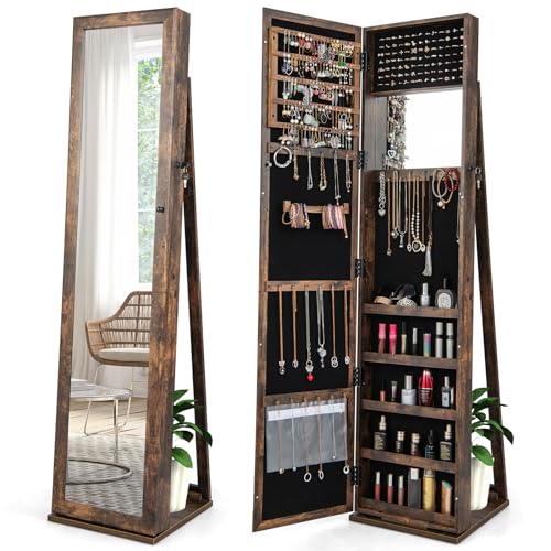 COSTWAY Standing Jewelry Cabinet, Large Capacity Jewelry Organizer w/Full-Length Mirror & Rear Storage Shelves, Lockable Mirror Jewelry Armoire with Keys for Girls Women (Rustic Brown)