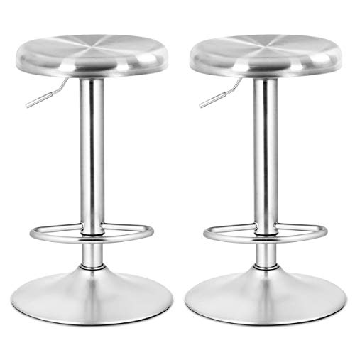 COSTWAY Bar Stools Set of 2, Modern Swivel Adjustable Height Barstool with Footrest, Stainless Steel Round Top Bar Height Barstools for Pub Bistro Kitchen Dining