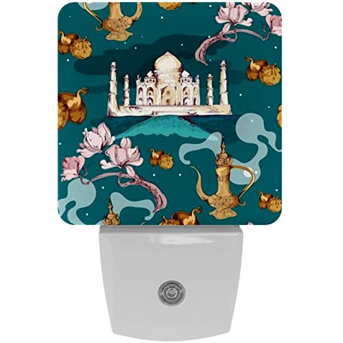 2 Pack Plug-in Nightlight LED Night Light East Taj Mahal and Antique Tea Pot Illustration, Dusk-to-Dawn Sensor for Kid's Room Bathroom, Nursery, Kitchen, Hallway