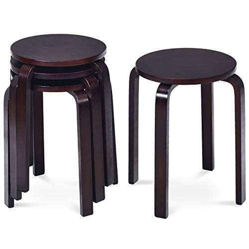 COSTWAY Stackable Bentwood Stools Set of 4, 18-Inch Height Backless Counter Chairs with Round Top, Anti-Slip Felt Pad, Portable School Stool for Dining Room, Kitchen, Classroom, Dark Coffee