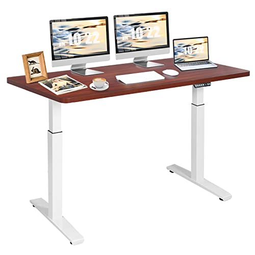 COSTWAY 55" x 28" Electric Standing Desk, Height Adjustable Sit Stand Up Table w/Solid One-Piece Desktop, Ergonomic Home Office Computer Workstation w/Quiet Motor, 4 Memory Settings (White & Coffee)