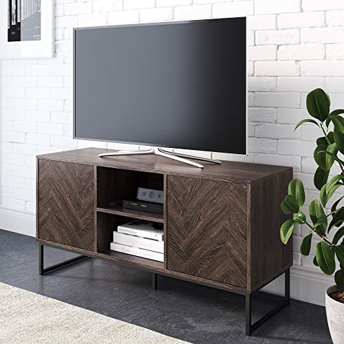 Nathan James Dylan Media Console Cabinet or TV Stand with Doors for Hidden Storage Herringbone Wood Pattern and Metal, Gray/Matte Black Length: 47" x Width: 16" x Height: 24"