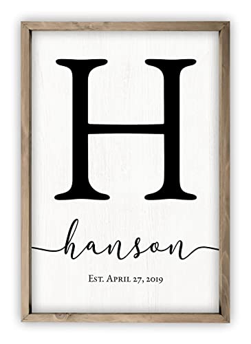 Framed Wooden Family Name Sign Personalized Wood Monogram Choose from Four Sizes (12" x 18", Weathered Grey Frame, White Background)