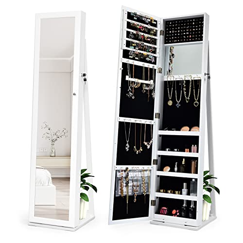 COSTWAY Standing Jewelry Cabinet, Large Capacity Jewelry Organizer w/Full-Length Mirror & Rear Storage Shelves, Lockable Mirror Jewelry Armoire with Keys for Girls Women (White)