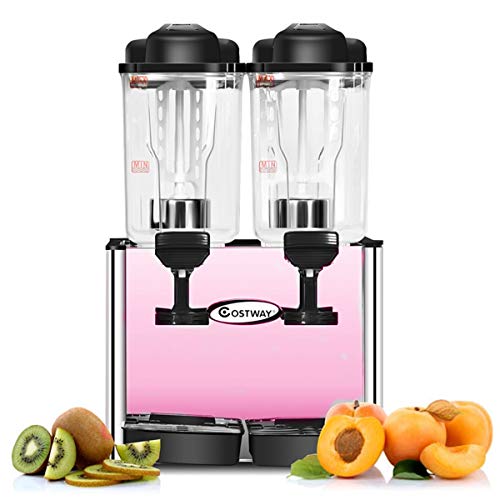 COSTWAY Commercial Beverage Dispenser Machine, 9.5 Gallon 2 Tank Juice Dispenser for Cold Drink, 350W Stainless Steel Finish Food Grade Material Ice Tea Drink Dispenser, 18 Liter Per Tank (Pink)