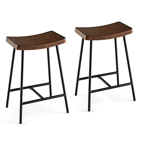 COSTWAY Bar Stools Set of 2, 24-Inch Height Industrial Saddle Stools with Footrest, Metal Legs, Adjustable Foot Pads, Backless Counter Height Chairs for Living Room Kitchen Bar, Rustic Brown and Black