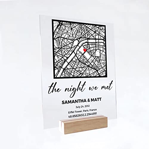 The Night We Met Valentines Day Map Plaque - Couple Map, Gift for Her, Acrylic Plaque Couple Gift, Custom Locaiton, Gift for Him (5" x 7", Mini Easel)