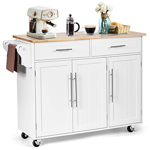 COSTWAY Mobile Kitchen Island Cart, Rolling Storage Trolley with Towel Bar, 2 Deep Drawers, 3 Door Cabinets, Swivel Casters, Rubber Wood Top, Ideal for Kitchen, Dining Room, Restaurant, Cafe (White)