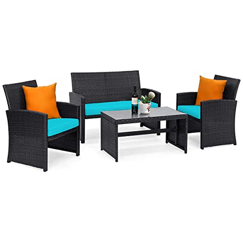 COSTWAY 4PCS Patio Rattan Furniture Conversation Set Cushion Sofa Table Garden Turquoise