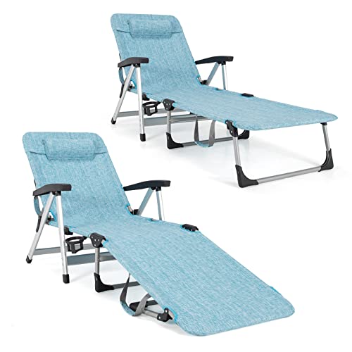 COSTWAY 2 PCS Beach Chaise Lounge Chair Patio Folding Recliner w/ 7 Adjustable Positions Blue