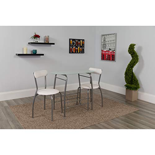 Flash Furniture Sutton 3 Piece Space-Saver Bistro Set with White Glass Top Table and White Vinyl Padded Chairs