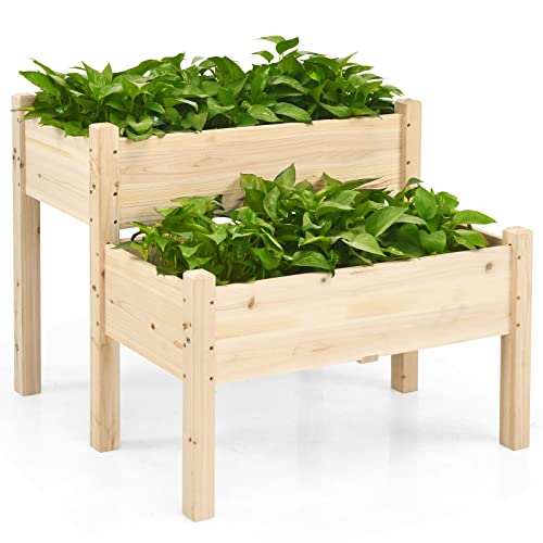 COSTWAY Raised Garden Bed, 2-Tier Wooden Elevated Planter Box Stand with Legs for Vegetables, Flowers Herbs, Outdoor Indoor Garden Bed Kits for Backyard, Patio, Balcony Patio, Natural