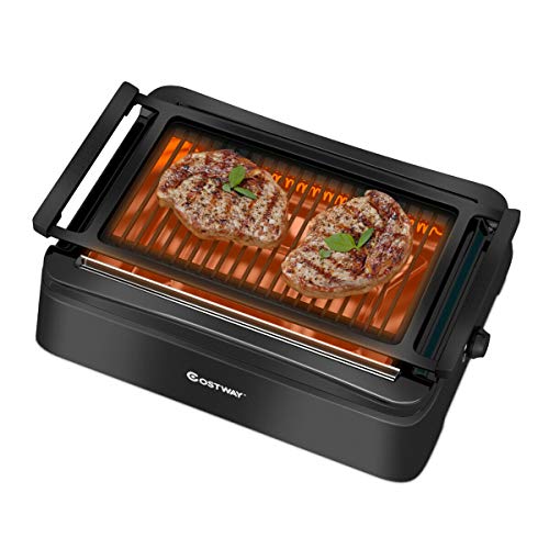 COSTWAY Smokeless Grill, Compact & Portable Indoor Electric BBQ Grill w/ Advanced Infrared Technology, Constant Temperature Barbecue Grill, Non-stick Surface & Removable Drip Tray for Easy Cleaning, Black (19"L_15"W_6.7"H)