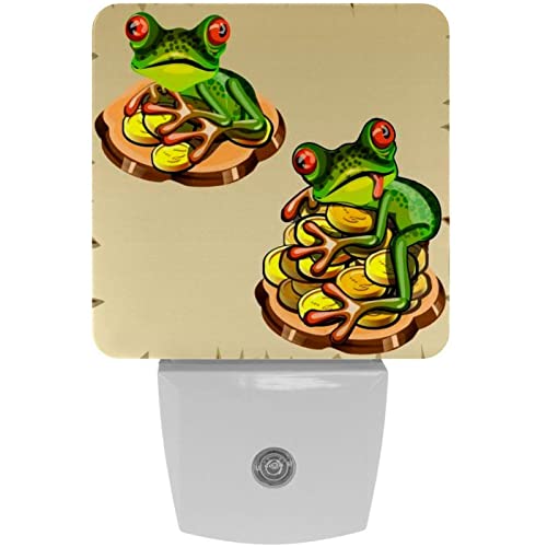 2 Pack Plug-in Nightlight LED Night Light Funny Frog on Pile of Coins, Dusk-to-Dawn Sensor for Kid's Room Bathroom, Nursery, Kitchen, Hallway