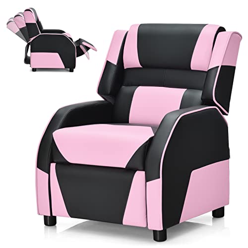 COSTWAY Kids Recliner Sofa, Toddler Leather Recliner with Adjustable Footrest & Headrest, Gaming Reclining Chair for Boys Girls Aged 3 Years Up, Kid-Sized Lounge Chair for Living Room (Pink)