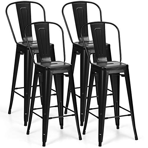 COSTWAY Metal Bar stools Set of 4, with Removable Back, 30'' Bar Height Stools with Rubber Feet, Stylish and Modern Chairs, for Kitchen, Dining Rooms, and Side Bar (Black-Update, 30'')