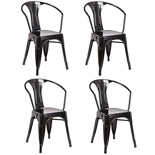 COSTWAY Tolix Style Dining Chairs Industrial Metal Stackable Cafe Chairs w/Curve Armrest Set of 4 (Black)