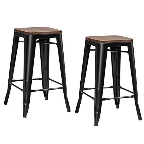 COSTWAY 26inch Metal Bar Stool Set of 2, Counter Height Backless Stool with Wooden Seat, Solid Iron Legs with Footrest, Industrial Stackable Bar Stool for Dining Room, Living Room, Kitchen, Black (2)