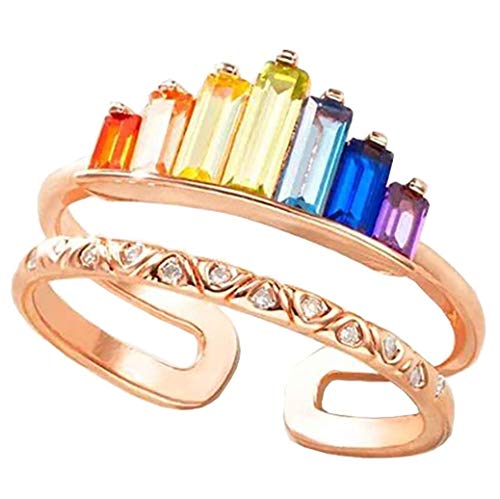 COSTWAY Rainbow Ring Double Band, Adjustable Wide Band Stacking Rainbow Rings for Women, Adjustable Opening