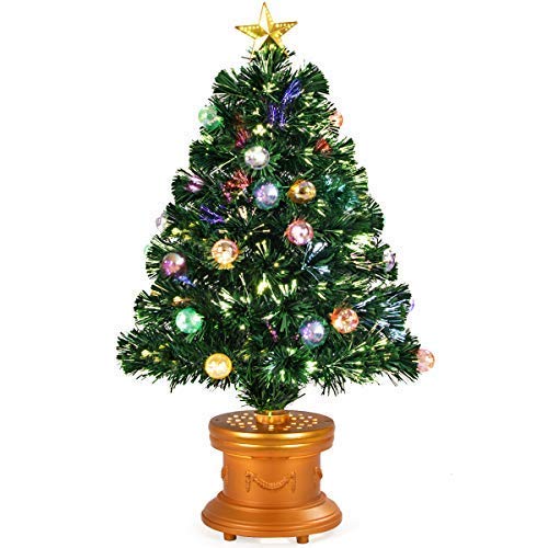 COSTWAY Artificial Tabletop Christmas Green Optical Fiber 90 Tips PVC with 26 Plastic Colorful Balls & Golden Star Premium Decorations Solid Base Full Tree (3ft)