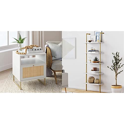 Nathan James Mina Nightstand, White/Gold & Theo 5-Shelf Modern Bookcase, Open Wall Mount Ladder Bookshelf with Industrial Metal Frame, White/Gold