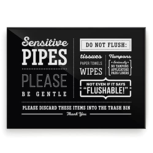 5x7 Inch Sensitive Pipes Designer Bathroom Sign ~ Ready to Stick, Lean or Frame ~ Premium Acrylic Plexiglass, Durable (Black)