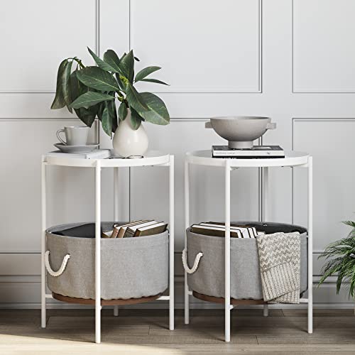 Nathan James Oraa Round Modern Side Accent or End Table for Living Bedroom and Nursery Room, Set of 2, White with Gray Fabric Storage Basket - Set of 2