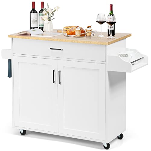 COSTWAY Kitchen Island Cart, Rolling Storage Trolley Cart with Lockable Rubber Wheels, Large Cabinet, Drawer, Spice Rack and Towel Rack, Kitchen Serving Utility, 3-Position Adjustable Shelf (White)