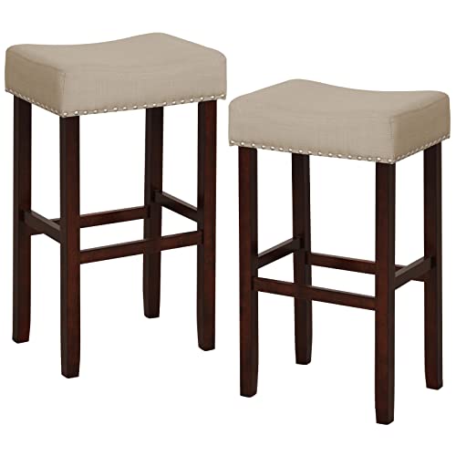 COSTWAY Counter Height Bar Stools Set of 2, 29.5-inch Backless Saddle Stools with Nailhead Trim, Rubber Wood Frame, Footrest, Max Load 330 Lbs, Upholstered Barstools for Kitchen Island Pub, Beige