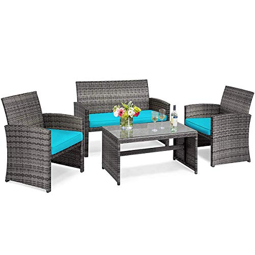 COSTWAY 4PCS Patio Rattan Furniture Set Conversation Glass Table Top Cushioned Turquoise