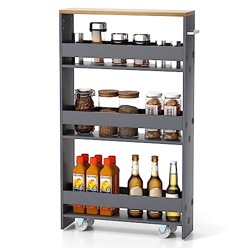 COSTWAY Slim Rolling Storage Cart, 4-Tier Rolling Utility Cart, Wood Kitchen Storage Cart with Handle & Wheels, Narrow Rolling Shelving Unit for Kitchen Bathroom Laundry Small Places (Grey)