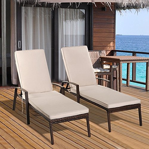 COSTWAY 2PCS Patio Rattan Lounge Chair Garden Furniture Adjustable Back W/Cushion