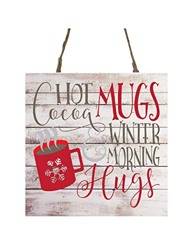Twisted R Design Hanging Small Wooden Sign - Christmas Decorations, Ornament Kitchen Art Sign, Wall Hanging House Decor w/Christmas Rustic Art Design - Hot Cocoa Mugs & Winter Morning Hugs, 5x5 in