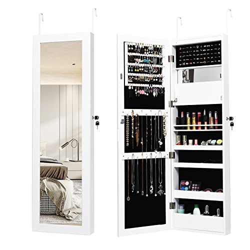 COSTWAY Mirror Jewelry Cabinet, Wall/Door Mounted Jewelry Organizer Cabinet with 12 LEDs, 53.5Ó Full Length Mirror & Large Storage Capacity, Lockable Jewelry Armoire for Women Girls (White)