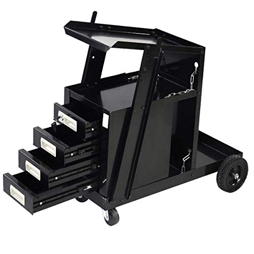 COSTWAY VD-30207TL Welding Welder Cart MIG TIG ARC Plasma Cutter Tank Storage w/2 Safety Chains, 100 Lb Capacity, Portable Cabinet (4-Drawer), Black