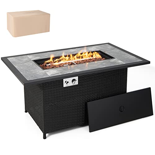 COSTWAY 52" Patio Propane Fire Pit Table, 50,000 BTU Outdoor Fire Table, Electric Pulse Ignition, Marble Tabletop & Weatherproof Rattan, Protective Cover Included, Perfect for Backyard, Poolside