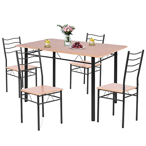 COSTWAY 5 Pieces Dining Room Table Set, Modern Kitchen Table Set with Metal Framework & Anti-Slip Pads, Dining Furniture Set with 4 High Back Chairs for Dining Room, Restaurant and Cafe (Walnut)