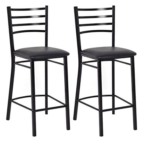 COSTWAY Black Metal Counter Stools with Full Back Bar and Upholstered Cushion Seats, Set of 2